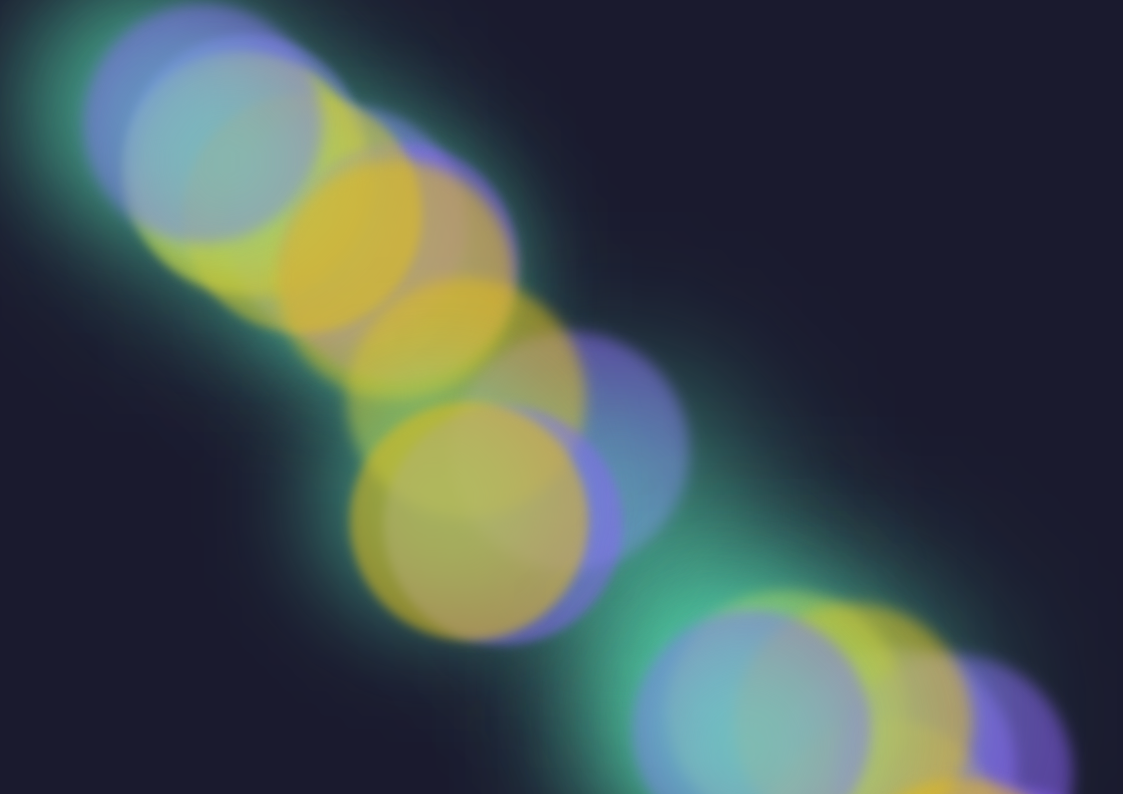 A generative composition of soft glowing circles in yellow, blue and green tones over a dark background