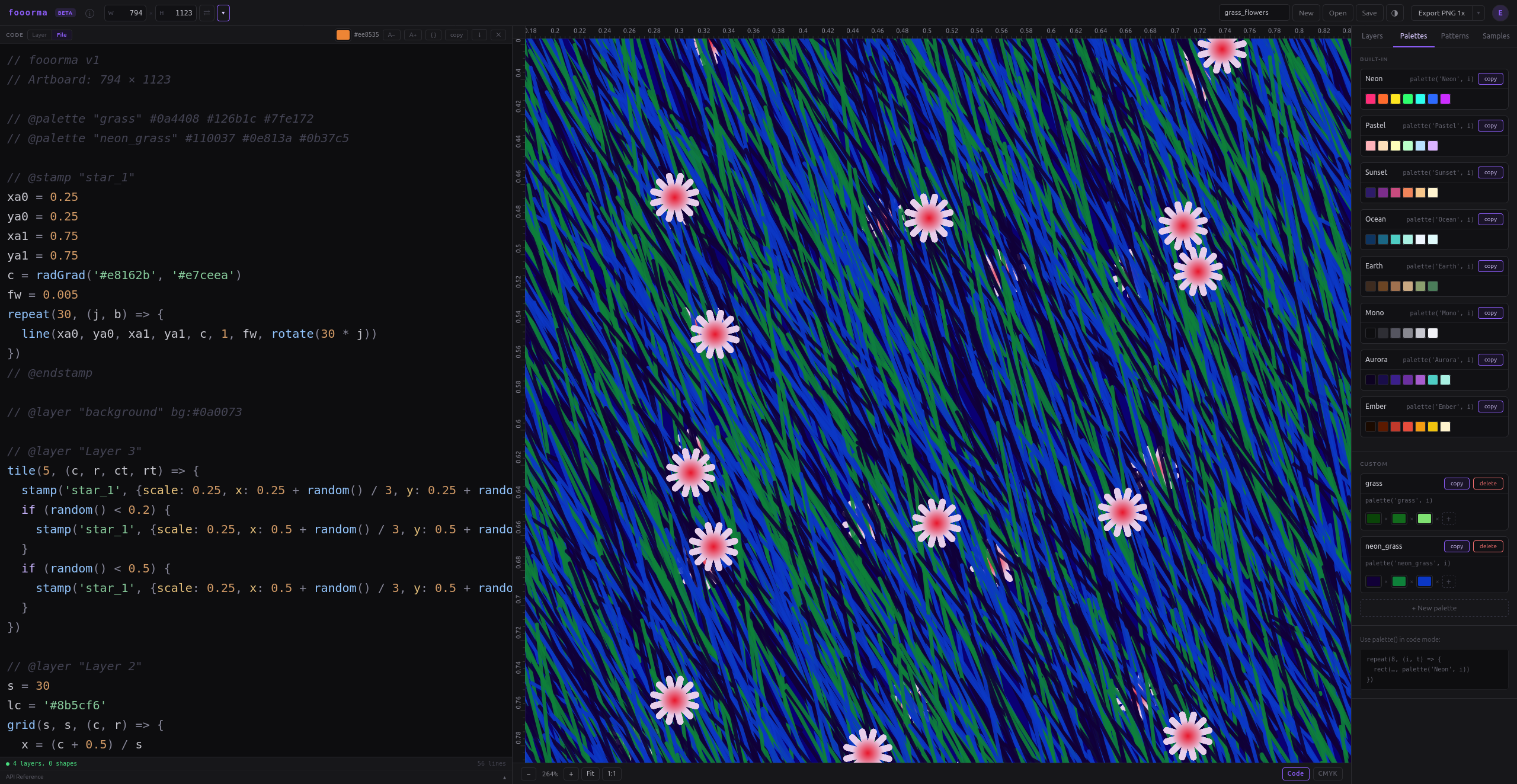 fooorma code editor with a generative grass-and-flowers composition rendered alongside the code